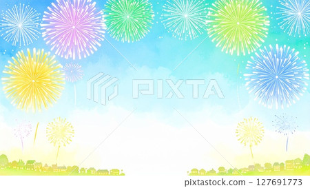夏日煙火邊框水彩手繪風格背景素材16：9尺寸AI生成素材 127691773