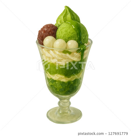 Luxurious Matcha Parfait (Japanese sweets drawn with watercolors) 127691779