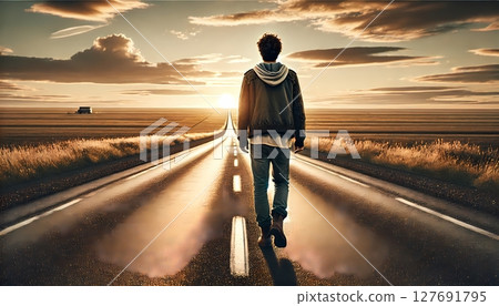 一位年輕人沿著廣闊土地上的一條道路走向日落的背影 127691795