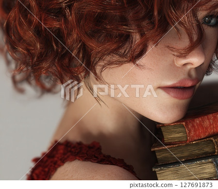 Redhead woman leaning on stack of old books 127691873
