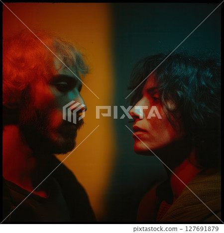 Couple looking at each other with dramatic lighting and split lighting effect Couple looking at each other with dramatic lighting and split lighting effect 127691879