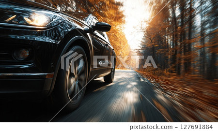 Black suv speeding on an autumn forest road 127691884
