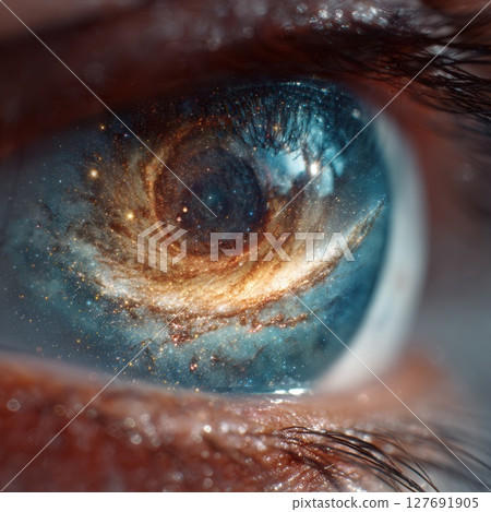 Eye reflecting spiral galaxy, exploring the universe within 127691905