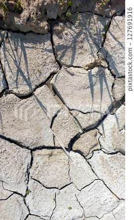 Cracked Dried Earth Showing Effects of Drought in Arid Landscape During Daytime Cracked Dried Earth Showing Effects of Drought in Arid Landscape During Daytime 127691916