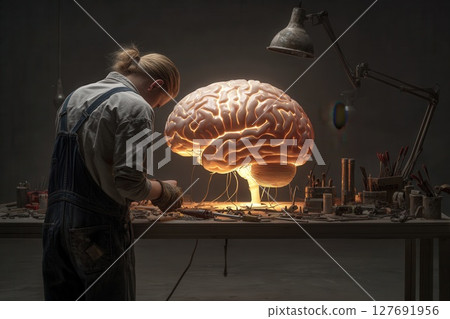 Technician repairing glowing artificial brain in workshop 127691956