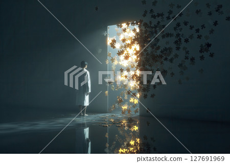 Scientist observing puzzle pieces creating a portal to another dimension 127691969