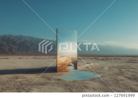 Large mirror reflecting desert landscape in barren land 127691999