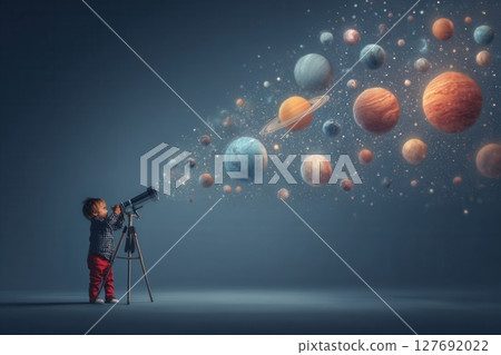 Curious child exploring planets with telescope, discovering the universe 127692022