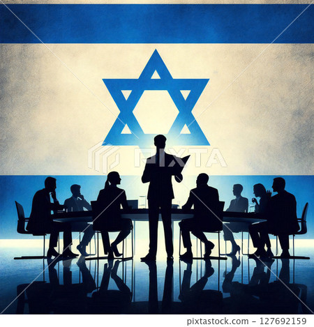 [以色列政治與外交] 商人和政治人物在以色列國旗背景下會面（剪影插圖） 127692159