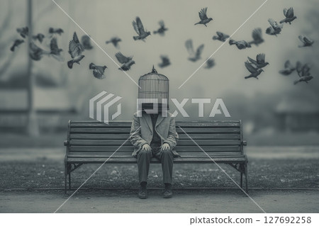 Lonely man with birdcage on head sitting on bench while birds are flying 127692258