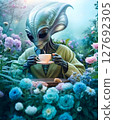 beautiful alien drinking  tea in garden  around blossoming flowers. close up. Digital artwork.  Ai generated 127692305