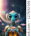 beautiful alien drinking tea in extraterrestrial garden around blossoming flowers. close up. Digital artwork. Ai generated 127692306