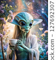 beautiful alien drinking tea in extraterrestrial garden around blossoming flowers. close up. Digital artwork. Ai generated 127692307