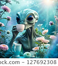 beautiful alien drinking tea in extraterrestrial garden around blossoming flowers. close up. Digital artwork. Ai generated 127692308