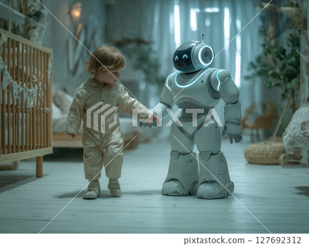 Toddler learning to walk guided by humanoid robot in playroom Toddler learning to walk guided by humanoid robot in playroom 127692312
