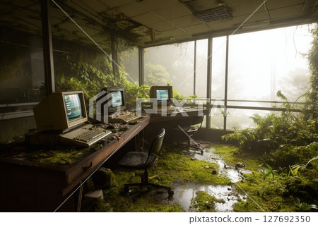 Abandoned office overtaken by nature, moss and plants growing on old computers 127692350