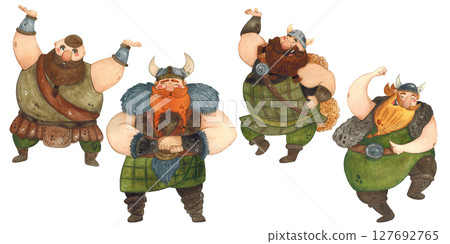Set of four cheerful Vikings in helmets on a white background Set of four cheerful Vikings in helmets on a white background 127692765
