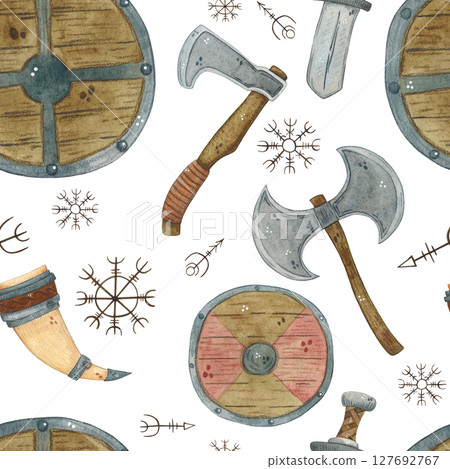 Seamless pattern with wooden shields, axes, swords and runes 127692767