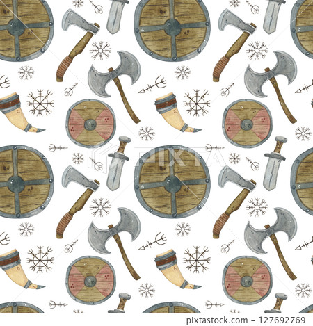 Seamless pattern with wooden shields, axes, swords and runes 127692769