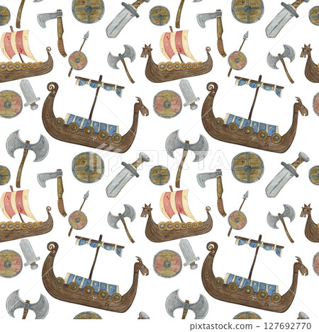 Seamless pattern with wooden shields and ships, axes, swords 127692770