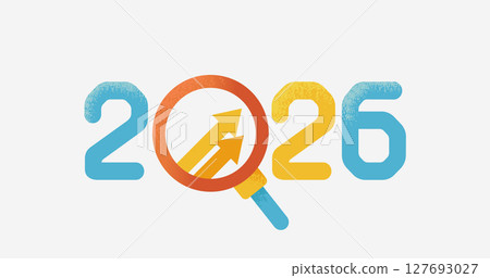 Conceptual illustration of arrow and magnifier showing business growth and analysis in 2026 (vector material) Conceptual illustration of arrow and magnifier showing business growth and analysis in 2026 (vector material) 127693027