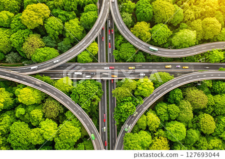 Aerial View of Busy Urban Highway Intersection Surrounded by Lush Green Trees and Traffic Flow 127693044