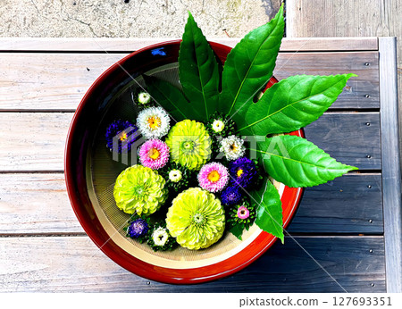 Colorful flower arrangements at Juzo Shrine in Wajima, Ishikawa Prefecture 127693351