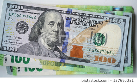 Close-up of US 100 dollar and 100 euro banknotes. Concept of currency exchange, euro-dollar comparison, global market dynamics and financial balance. 127693381