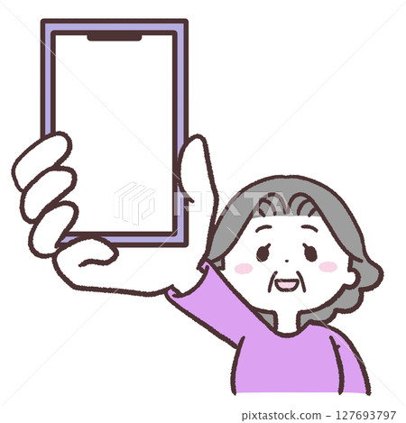 Illustration of a senior woman showing her smartphone Illustration of a senior woman showing her smartphone 127693797