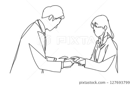 Line drawing illustration of a business scene where business cards are exchanged 127693799