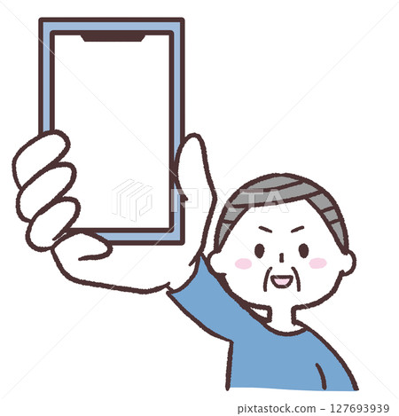 Illustration of a senior man showing his smartphone Illustration of a senior man showing his smartphone 127693939