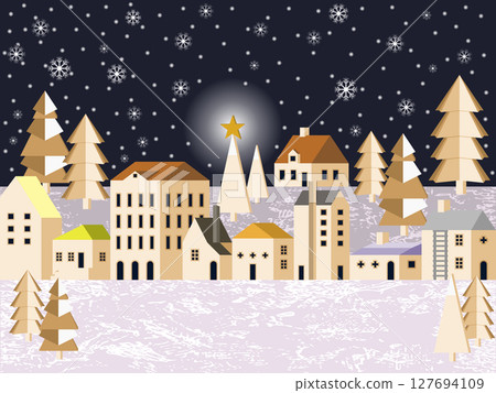 Charming Winter Village Illustration at Night, Featuring Snow Covered Houses, Evergreen Trees, and Falling Snowflakes under Dark Sky with Prominent Star Atop and Tall Christmas Tree. 127694109
