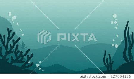 This painting depicts a calm underwater landscape, with a soothing blue-green gradation. 127694136