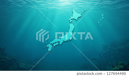 一幅日本地圖漂浮在平靜的水面上，背景是鮮豔的綠松石色 127694490