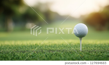 清晨陽光下，高爾夫球在發球座和草地上 127694683