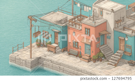 Illustration of colorful houses in a port town 127694795