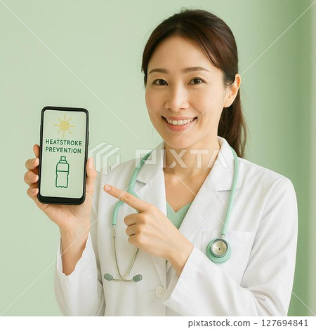 Trust building, A female doctor explaining heat stroke prevention on a smartphone screen Trust building, A female doctor explaining heat stroke prevention on a smartphone screen 127694841