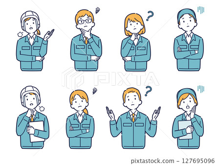 Illustration set of men and women in work clothes thinking and worrying _ upper body Illustration set of men and women in work clothes thinking and worrying _ upper body 127695096