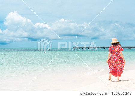 A young woman in a one-piece dress at a tropical beach resort 127695248