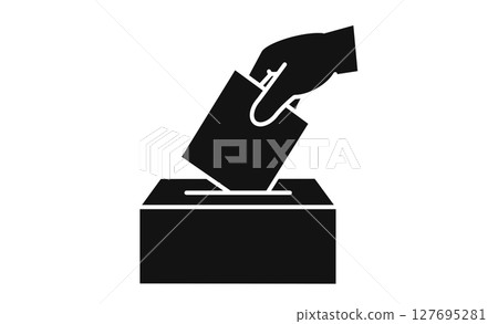 Illustrated icon of a hand putting a vote in a ballot box 127695281