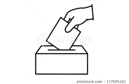 Illustrated icon of a hand putting a vote in a ballot box 127695282