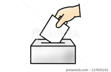 Illustrated icon of a hand putting a vote in a ballot box 127695292