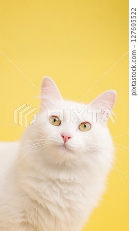 White cat posing on yellow background: fluffy feline with expressive eyes 127695522