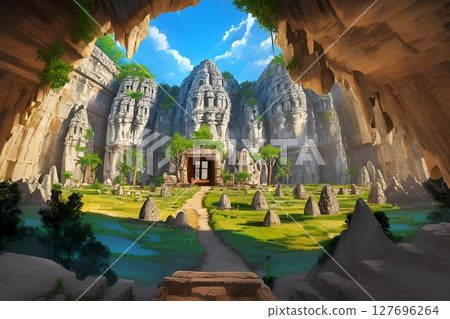 Game background: A canyon with an ancient temple ruins visible beyond the cave Game background: A canyon with an ancient temple ruins visible beyond the cave 127696264