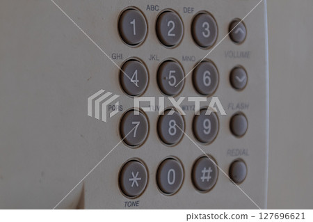 Vintage analog telephone keypad showcasing classic number buttons and letter labels 127696621