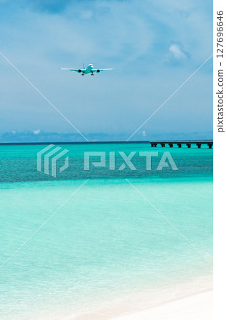 Large passenger plane landing on beach 127696646