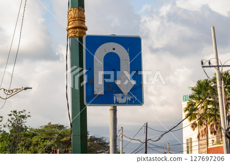U Turn Sign on Decorative Pole 127697206