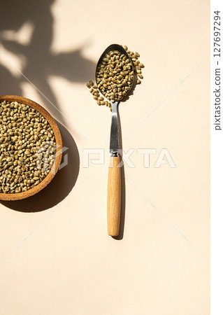 Hemp Seeds in Spoon. Cannabis Sativa Whole Grains for Healthy Nutrition. Superfood Ingredient for Dietary Meals. 127697294