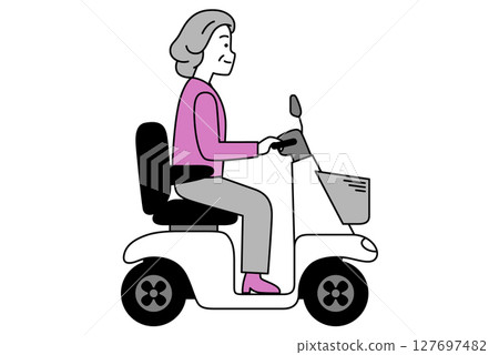 An elderly woman riding a senior car (electric wheelchair) 127697482