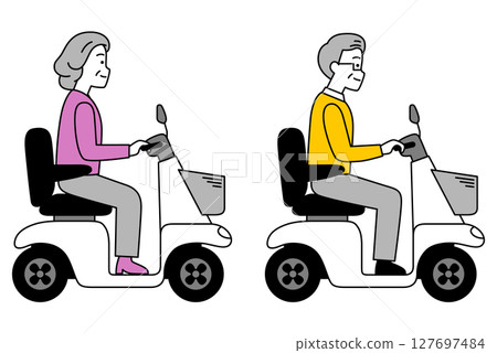 老年男女乘坐老年車（電動輪椅）一組 127697484